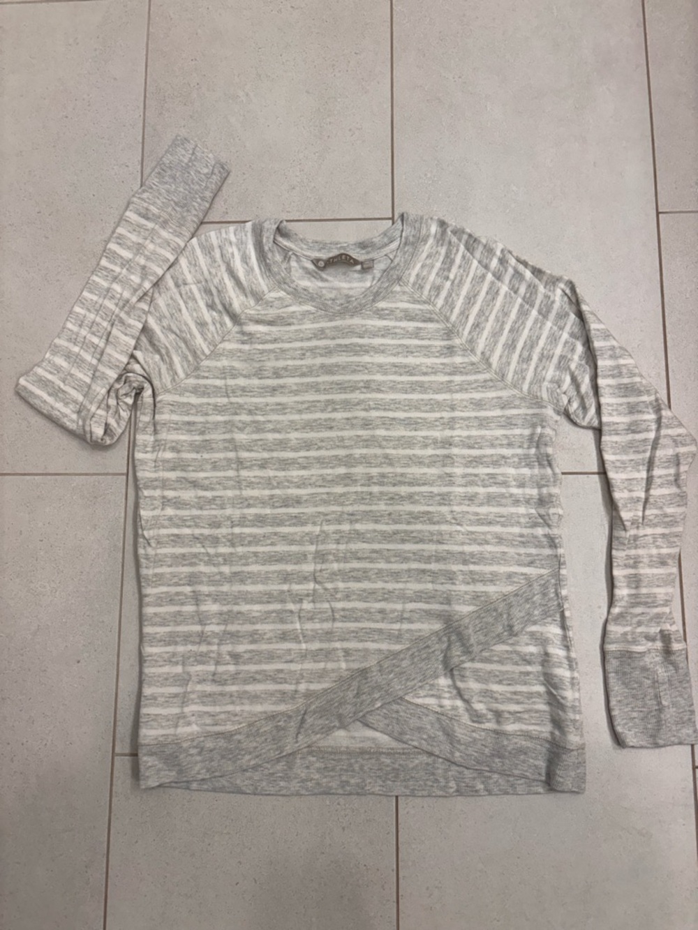 Athleta Light Gray and White Striped Long Sleeve Top